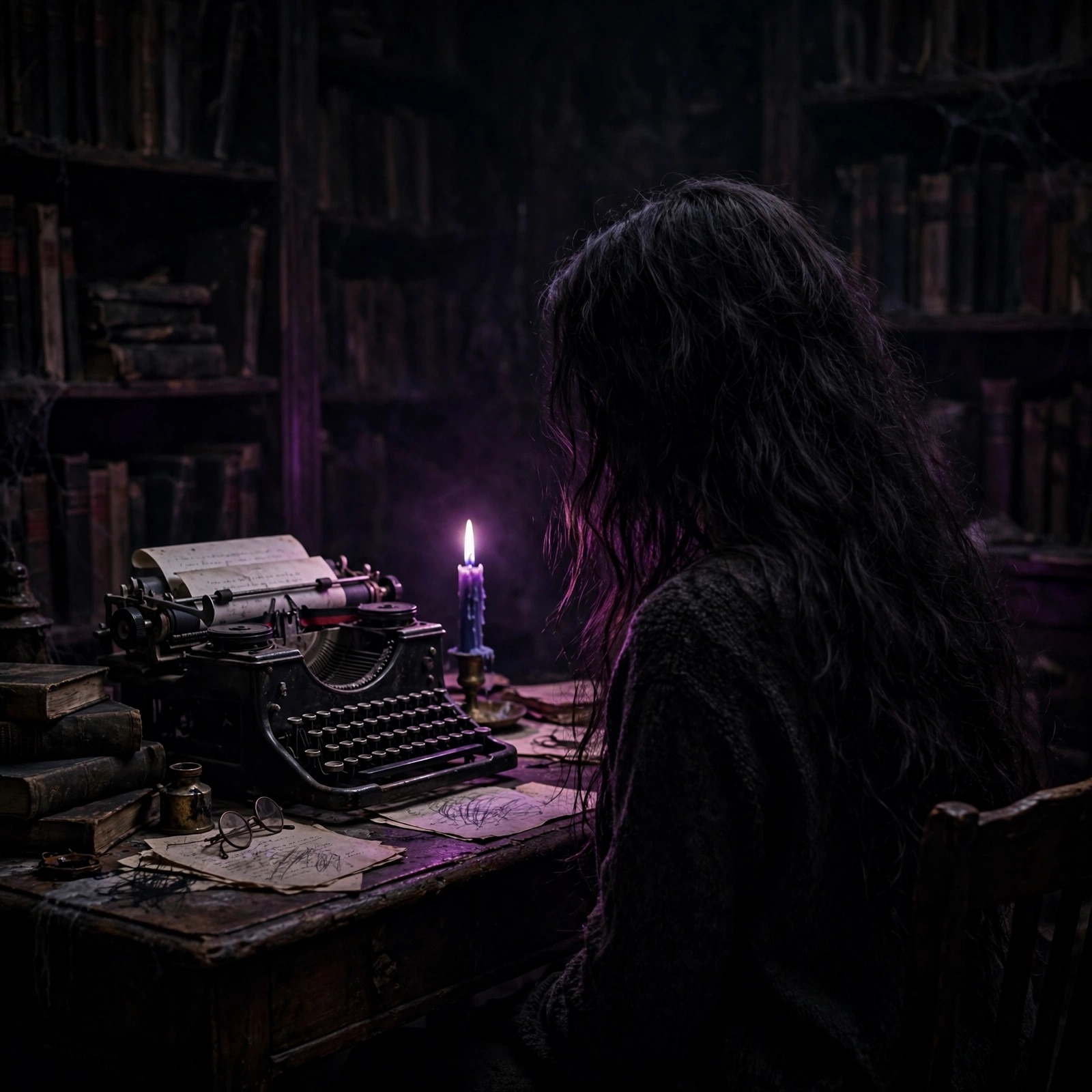 A woman with long dark hair writing at a vintage typewriter by candlelight in a dark, book-lined study